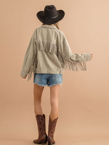 Womens Jacket-Fringe Detail Dropped Shoulder Denim Jacket