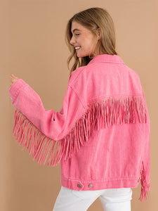 Womens Jacket-Fringe Detail Dropped Shoulder Denim Jacket