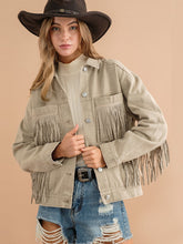 Load image into Gallery viewer, Womens Jacket-Fringe Detail Dropped Shoulder Denim Jacket
