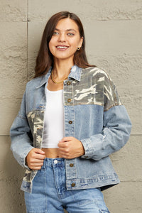 Womens Jacket-GeeGee Washed Denim Camo Contrast Jacket