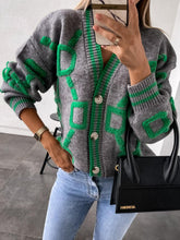 Load image into Gallery viewer, Womens Sweater-Geometric Dropped Shoulder Button Down Cardigan
