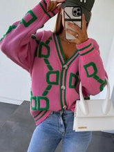 Load image into Gallery viewer, Womens Sweater-Geometric Dropped Shoulder Button Down Cardigan
