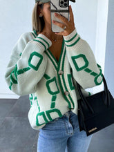 Load image into Gallery viewer, Womens Sweater-Geometric Dropped Shoulder Button Down Cardigan
