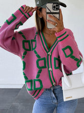 Load image into Gallery viewer, Womens Sweater-Geometric Dropped Shoulder Button Down Cardigan
