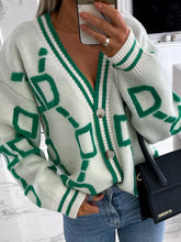 Load image into Gallery viewer, Womens Sweater-Geometric Dropped Shoulder Button Down Cardigan
