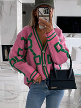 Load image into Gallery viewer, Womens Sweater-Geometric Dropped Shoulder Button Down Cardigan
