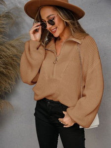 Womens Sweater-Half Zip Dropped Shoulder Sweater | sweater