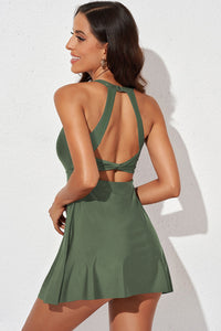 Womens Mini Dress-Halter Neck Open Back Swim Dress