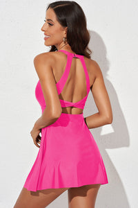 Womens Mini Dress-Halter Neck Open Back Swim Dress