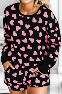 Womens Shorts Set-Heart Print Round Neck Top and Shorts Lounge Set | pajamas