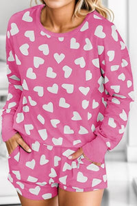 Womens Shorts Set-Heart Print Round Neck Top and Shorts Lounge Set | pajamas