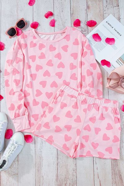 Womens Shorts Set-Heart Print Round Neck Top and Shorts Lounge Set | pajamas