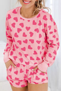 Womens Shorts Set-Heart Print Round Neck Top and Shorts Lounge Set | pajamas