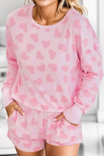 Womens Shorts Set-Heart Print Round Neck Top and Shorts Lounge Set | pajamas