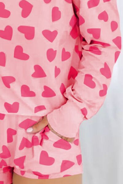 Womens Shorts Set-Heart Print Round Neck Top and Shorts Lounge Set | pajamas