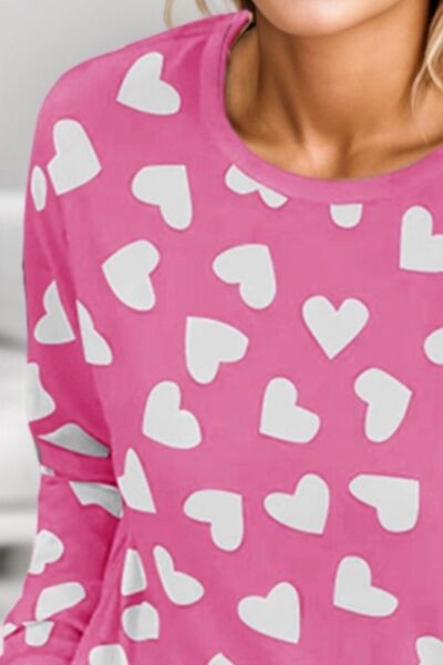 Womens Shorts Set-Heart Print Round Neck Top and Shorts Lounge Set | pajamas