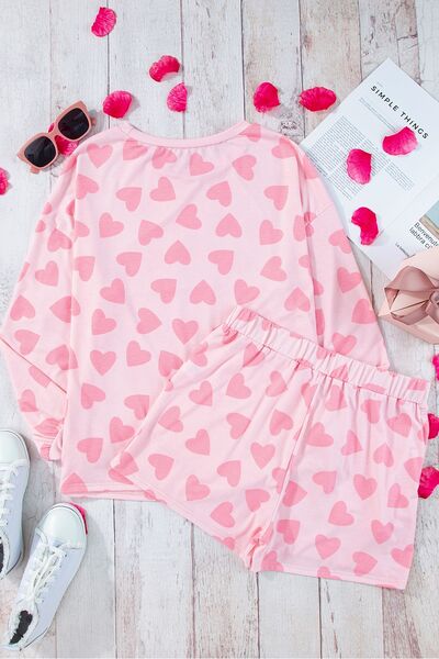 Womens Shorts Set-Heart Print Round Neck Top and Shorts Lounge Set | pajamas