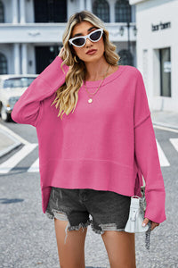 Womens Sweater-High-Low Slit Round Neck Long Sleeve Sweater | top