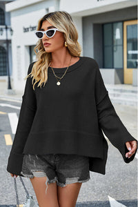 Womens Sweater-High-Low Slit Round Neck Long Sleeve Sweater | top