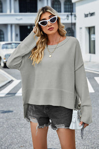 Womens Sweater-High-Low Slit Round Neck Long Sleeve Sweater | top