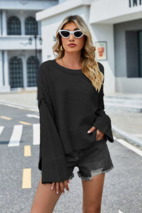 Womens Sweater-High-Low Slit Round Neck Long Sleeve Sweater | top