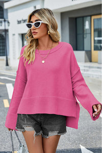 Womens Sweater-High-Low Slit Round Neck Long Sleeve Sweater | top