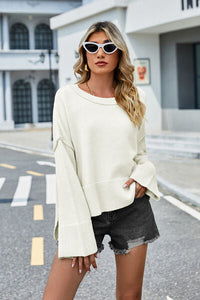 Womens Sweater-High-Low Slit Round Neck Long Sleeve Sweater | top