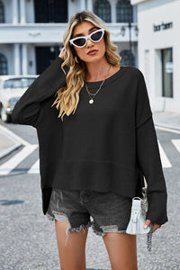 Womens Sweater-High-Low Slit Round Neck Long Sleeve Sweater | top