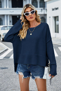 Womens Sweater-High-Low Slit Round Neck Long Sleeve Sweater | top