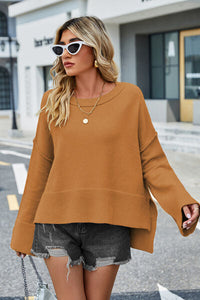 Womens Sweater-High-Low Slit Round Neck Long Sleeve Sweater | top