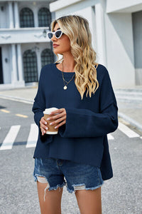 Womens Sweater-High-Low Slit Round Neck Long Sleeve Sweater | top