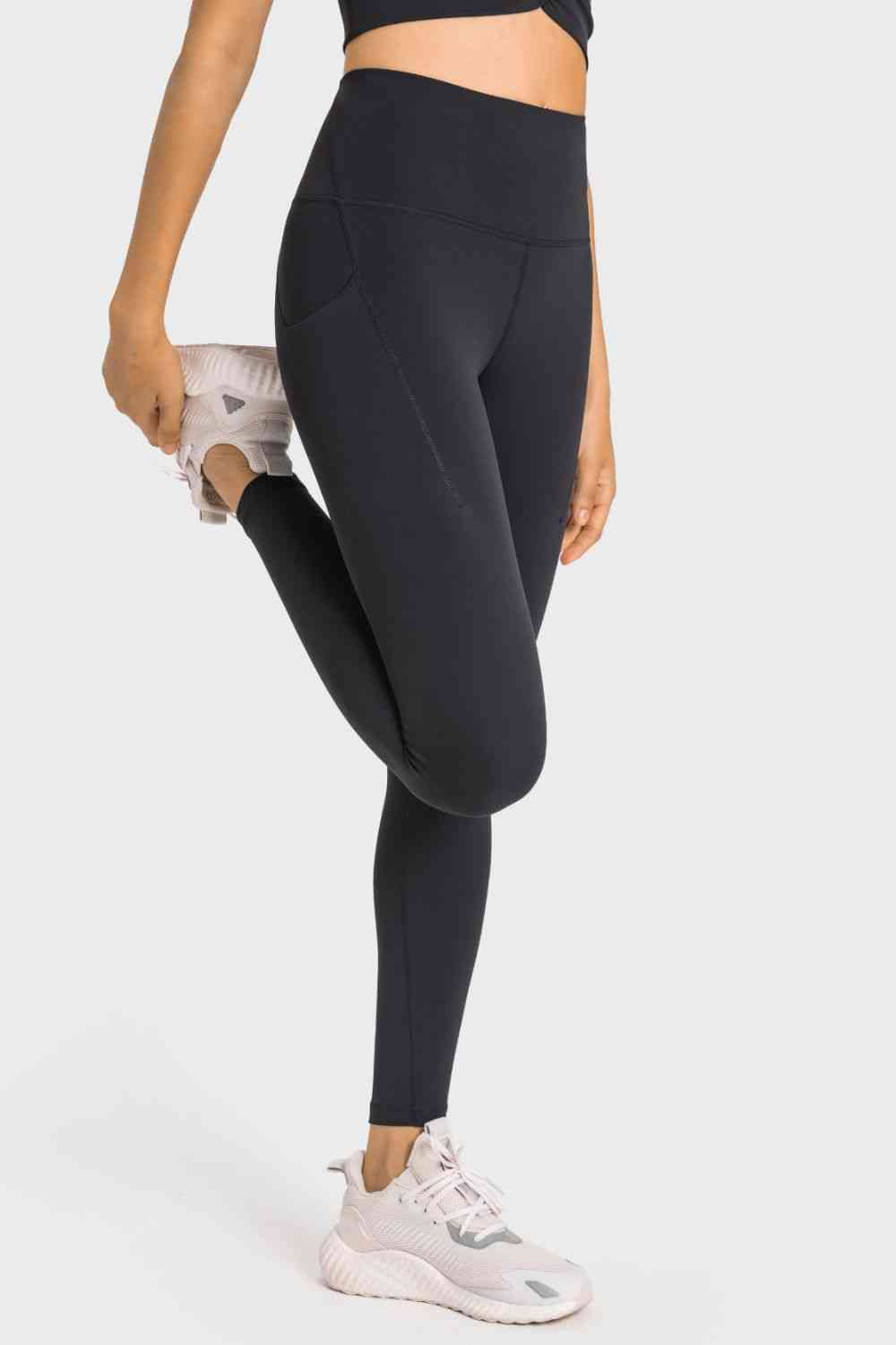 Womens Leggings-High-Rise Wide Waistband Pocket Yoga Leggings