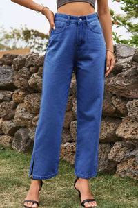 Blue Jeans-High Waist Loose Fit Ankle Slit Jeans | Blue Jeans