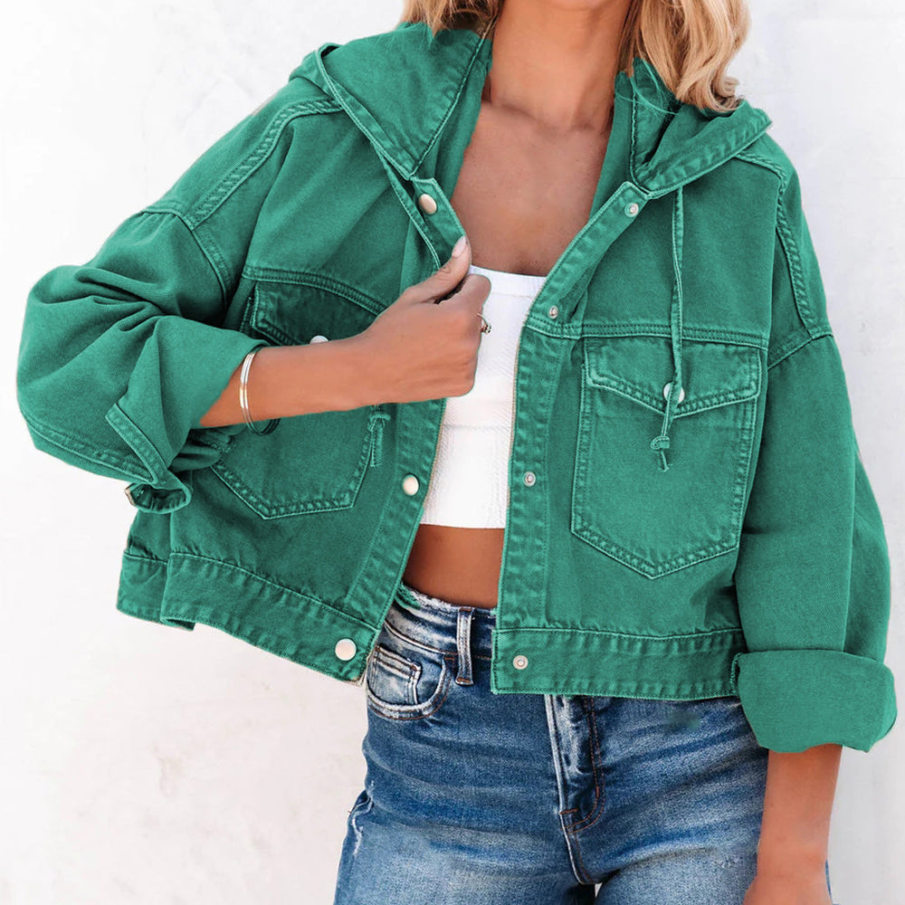 Womens Jacket-Hooded Dropped Shoulder Denim Jacket