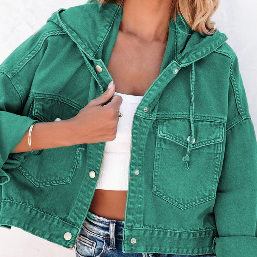 Womens Jacket-Hooded Dropped Shoulder Denim Jacket