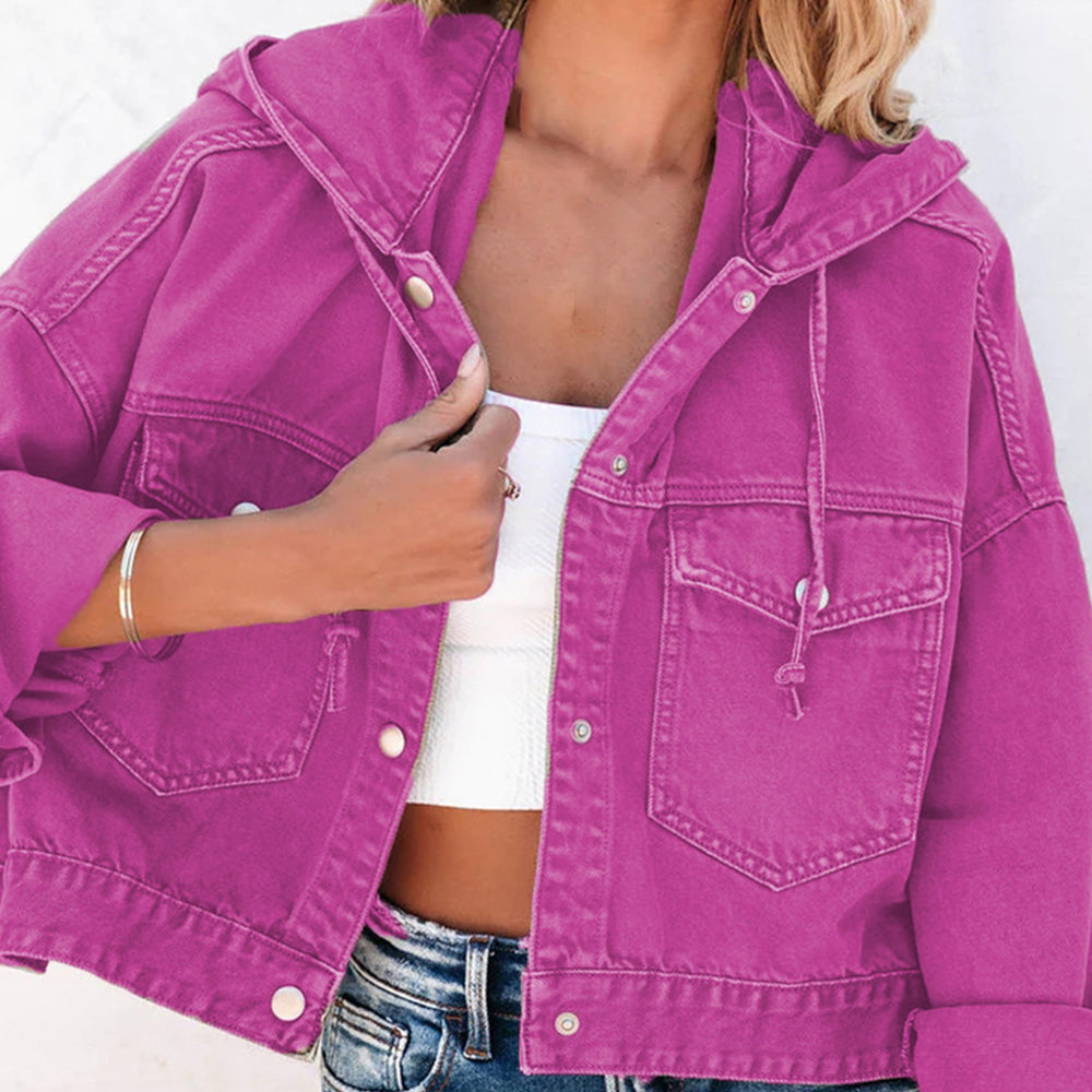 Womens Jacket-Hooded Dropped Shoulder Denim Jacket