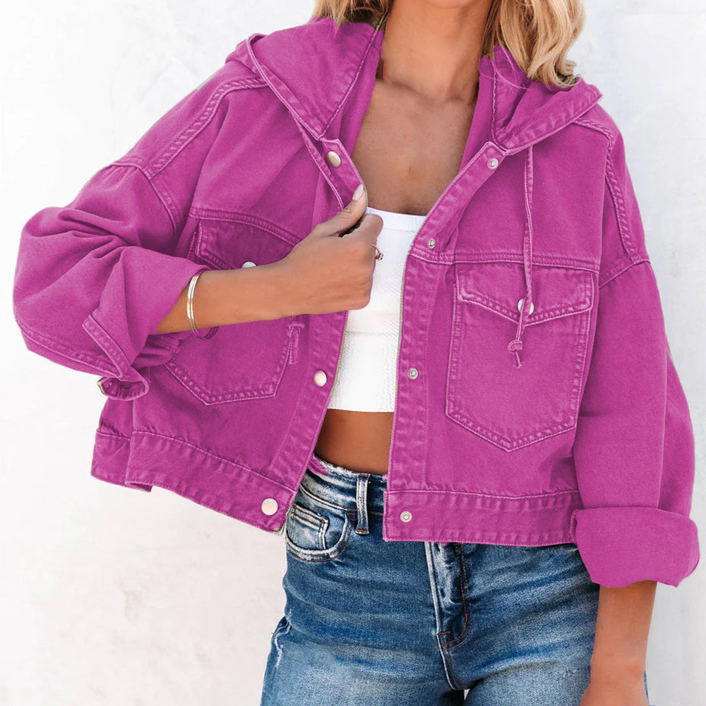 Womens Jacket-Hooded Dropped Shoulder Denim Jacket