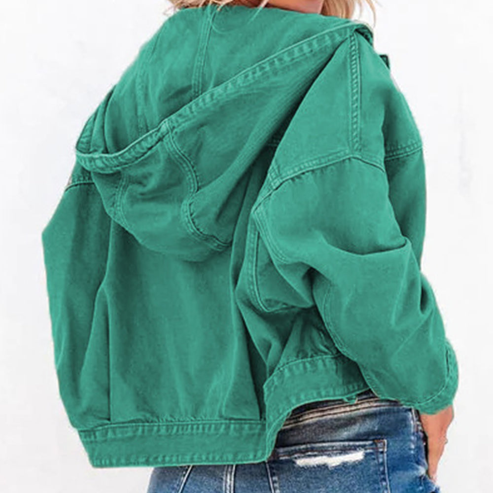 Womens Jacket-Hooded Dropped Shoulder Denim Jacket