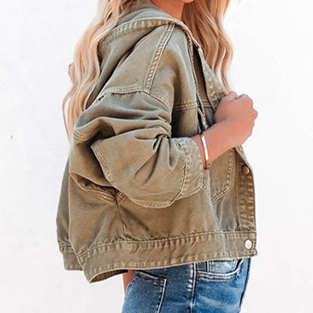 Womens Jacket-Hooded Dropped Shoulder Denim Jacket