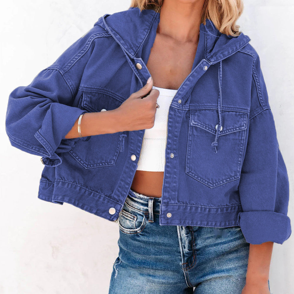 Womens Jacket-Hooded Dropped Shoulder Denim Jacket