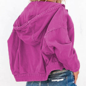 Womens Jacket-Hooded Dropped Shoulder Denim Jacket