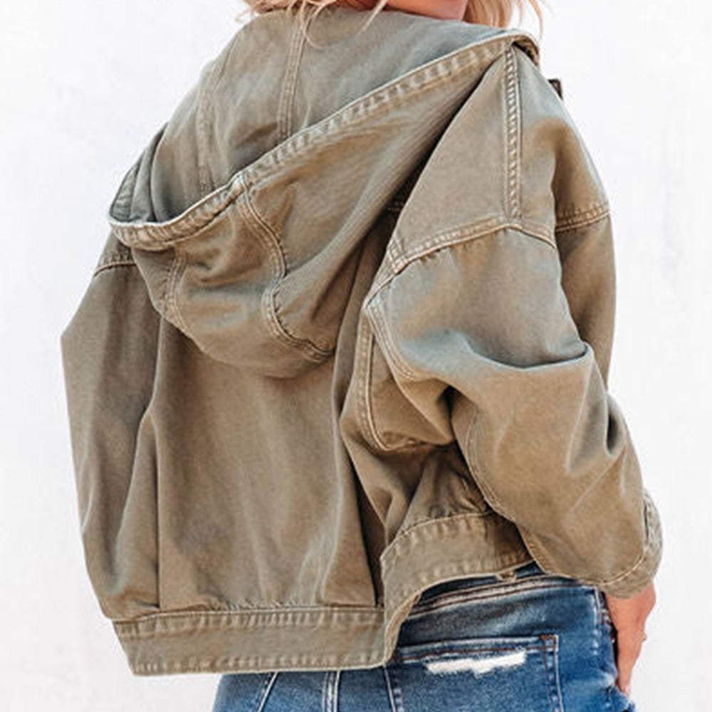 Womens Jacket-Hooded Dropped Shoulder Denim Jacket