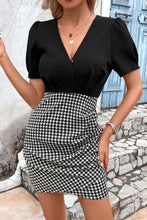 Load image into Gallery viewer, Womens Dress-Houndstooth Surplice Neck Puff Sleeve Dress | Dress
