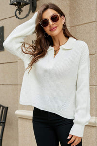 Womens Sweater-Johnny Collar Lantern Sleeve Sweater