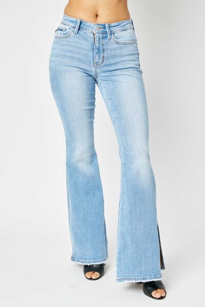 Judy Blue Jeans-Mid Rise Raw Hem Slit Flare Jeans | Blue Jeans