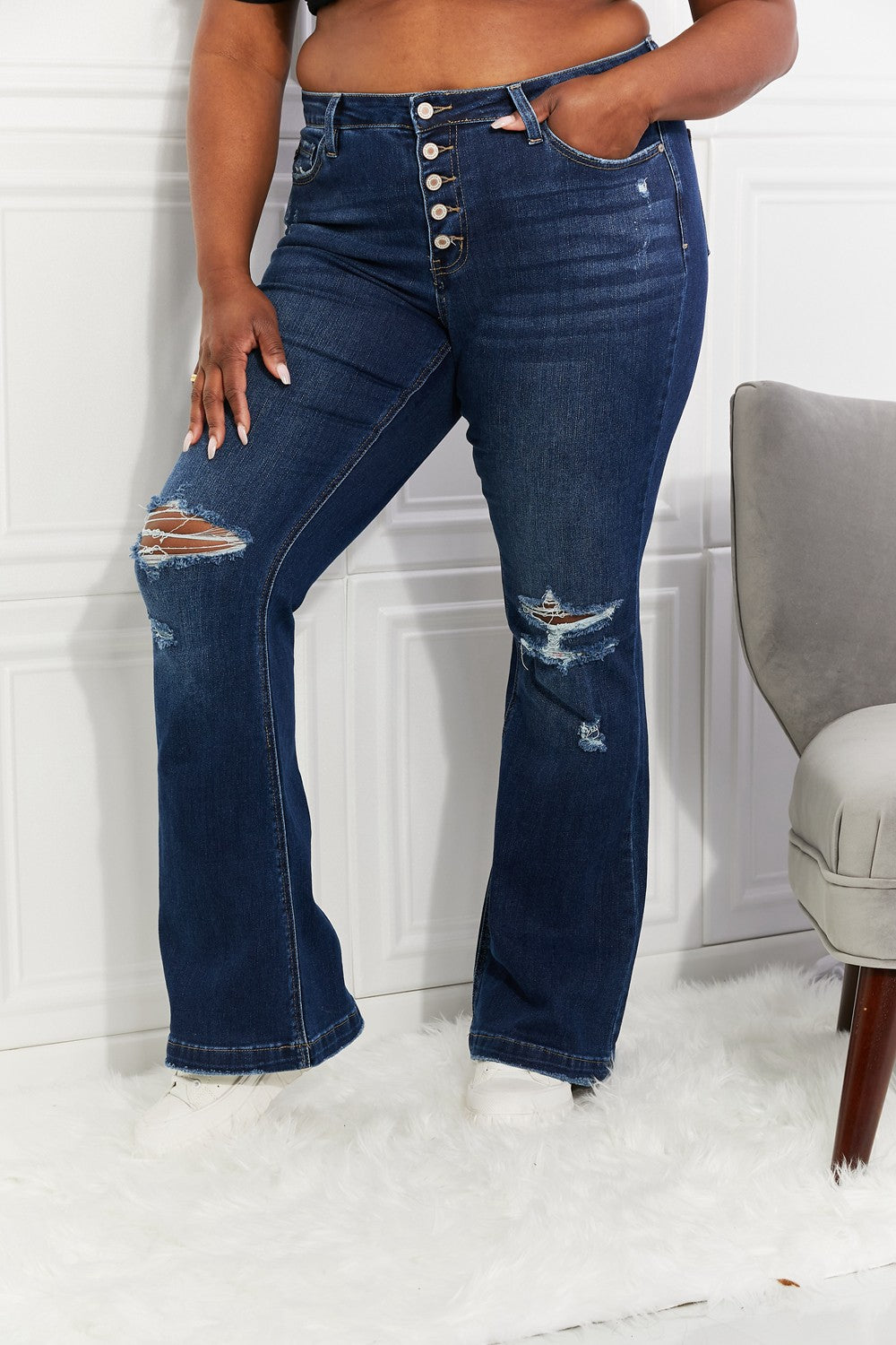 Kancan Full Size Reese Midrise Button Fly Flare Jeans | Blue Jeans