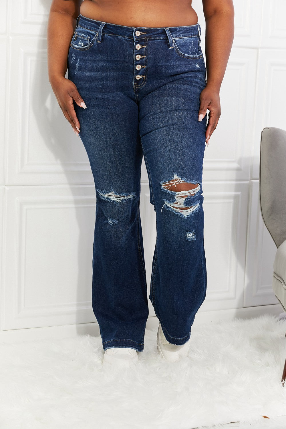 Kancan Full Size Reese Midrise Button Fly Flare Jeans | Blue Jeans