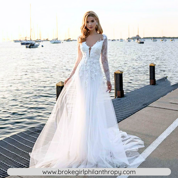 Lace Wedding Dress-V-Neck Detachable Train Wedding Dress | Wedding Dresses