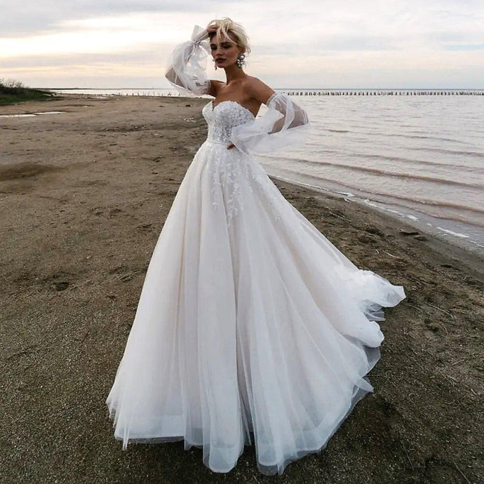 Bohemian Wedding Dress-Lace Bridal Gown-Detachable Puff Sleeves | Wedding Dresses