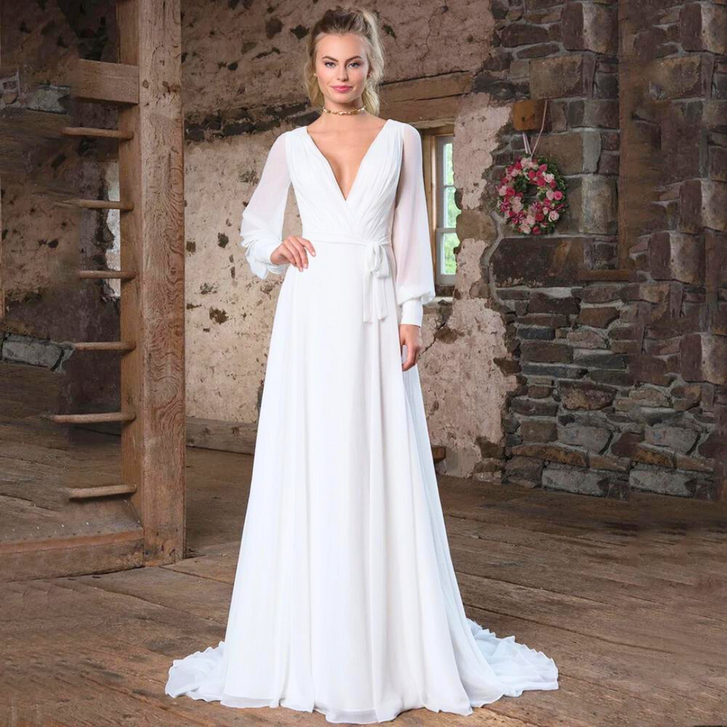 Simple Beach Wedding Dress-Long Sleeve Chiffon Bridal Gown | Wedding Dresses